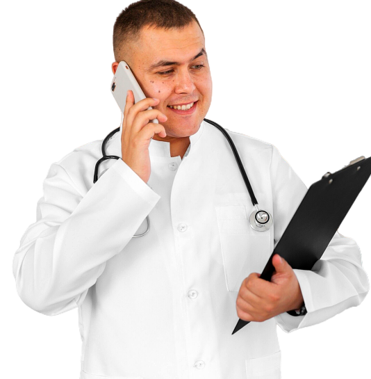 doctor calling someone while holding a clipboard